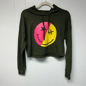 Rosio Green Women's Happy/Sad Smiley Face Graphic Cropped Hoodie Small